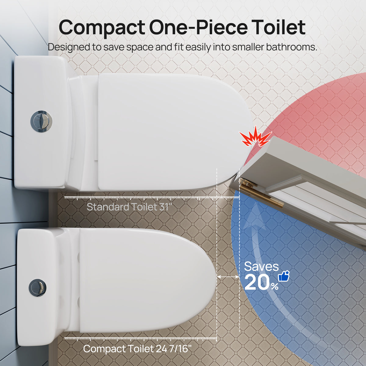 DeerValley DV-1F0369 Compact One-Piece Toilet for Small Bathrooms, Rimless Bowl Modern Elongated Toilet with Powerful Dual Flush, Soft-Close Seat, 12" Rough-In, High-Efficiency, Space-Saving & Quiet White Design, DV-1F0369