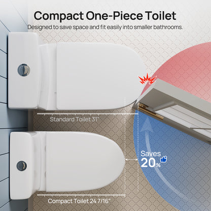 DeerValley DV-1F0369 Compact One-Piece Toilet for Small Bathrooms, Rimless Bowl Modern Elongated Toilet with Powerful Dual Flush, Soft-Close Seat, 12" Rough-In, High-Efficiency, Space-Saving & Quiet White Design, DV-1F0369