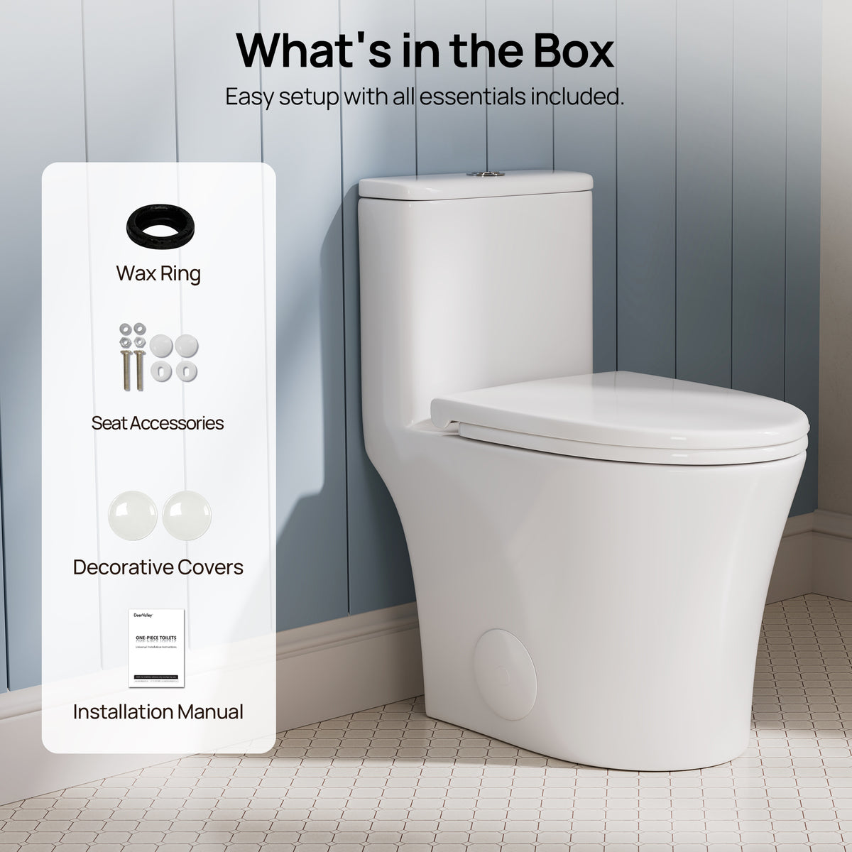 DeerValley DV-1F0369 Compact One-Piece Toilet for Small Bathrooms, Rimless Bowl Modern Elongated Toilet with Powerful Dual Flush, Soft-Close Seat, 12" Rough-In, High-Efficiency, Space-Saving & Quiet White Design, DV-1F0369