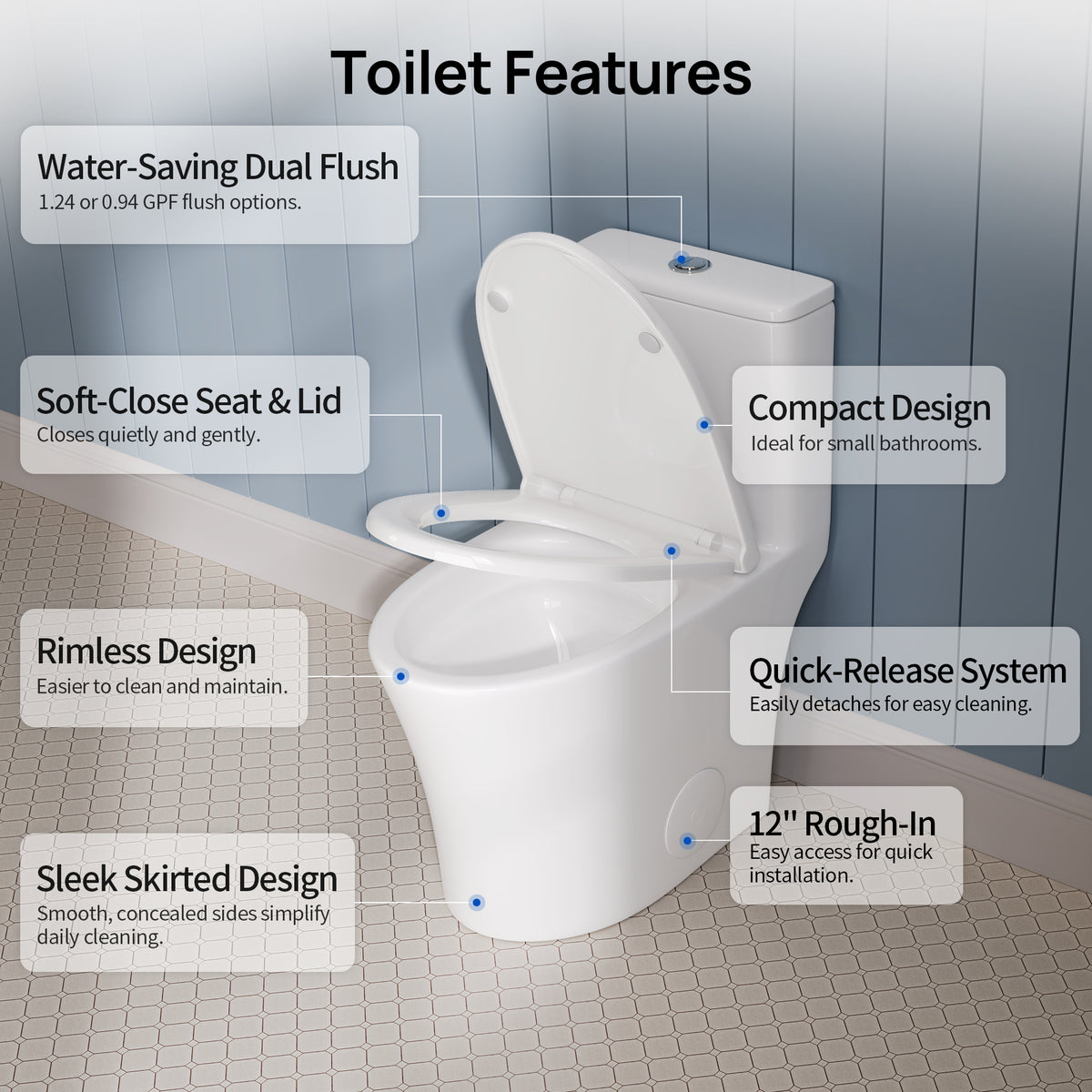 DeerValley DV-1F0369 Compact One-Piece Toilet for Small Bathrooms, Rimless Bowl Modern Elongated Toilet with Powerful Dual Flush, Soft-Close Seat, 12" Rough-In, High-Efficiency, Space-Saving & Quiet White Design, DV-1F0369