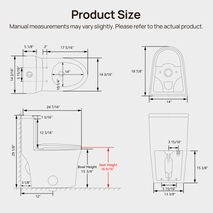 DeerValley DV-1F0369 Compact One-Piece Toilet for Small Bathrooms, Rimless Bowl Modern Elongated Toilet with Powerful Dual Flush, Soft-Close Seat, 12" Rough-In, High-Efficiency, Space-Saving & Quiet White Design, DV-1F0369
