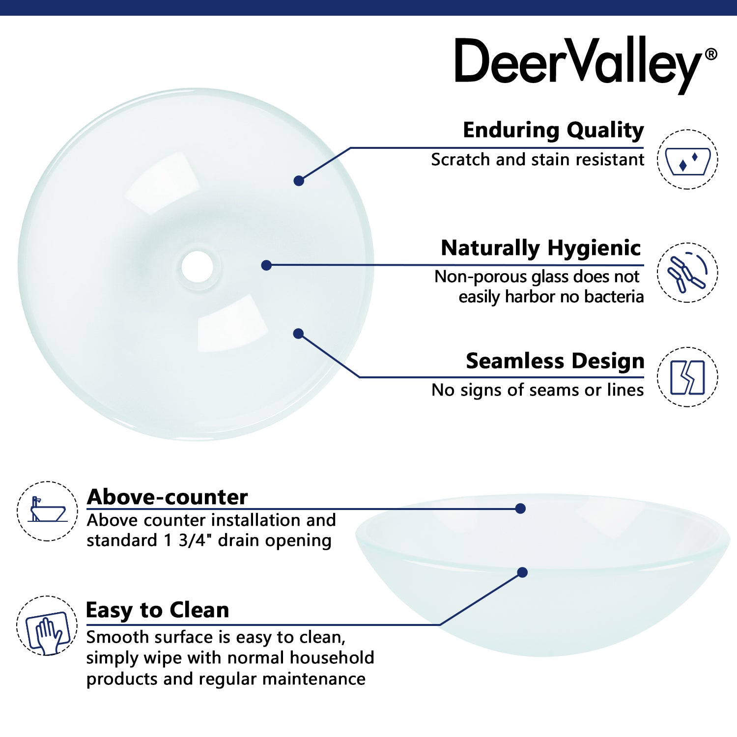 DeerValley Bath DeerValley DV-1G0007 Glass Circular Vessel Bathroom Sink Vessel Sink