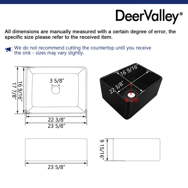 DeerValley DV-1K0012 Perch Fireclay 24" L x 18" W Farmhouse Kitchen Sink