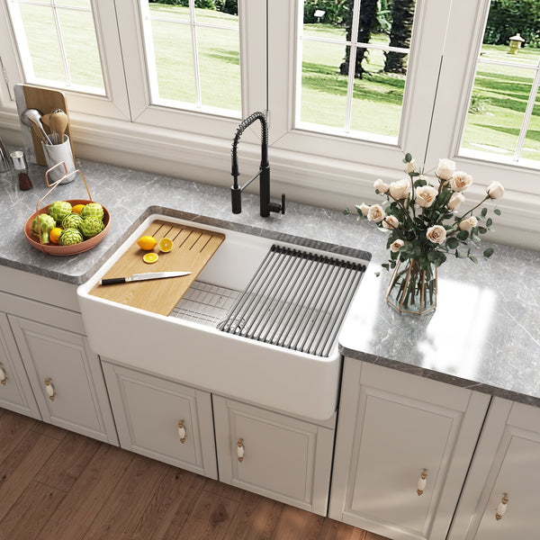 Deervalley DV-1K0067 33" L X 20" W Single Basin Workstation Farmhouse Kitchen Sink With Sink Grid, Cutting Board And Dish-Drying Rack