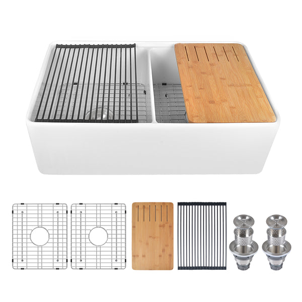 Deervalley DV-1K0068 33" L X 20" W Double Basin Workstation Farmhouse Kitchen Sink With Sink Grid, Cutting Board And Dish-Drying Rack