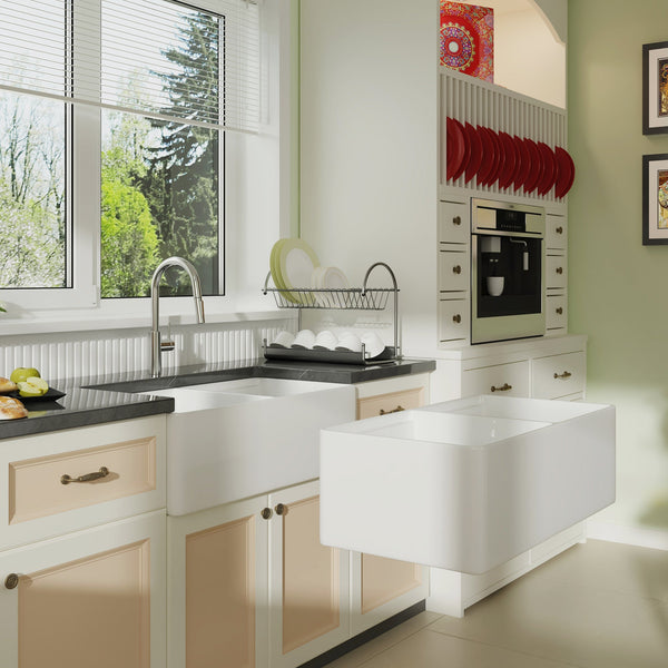 Deervalley DV-1K0068 33" L X 20" W Double Basin Workstation Farmhouse Kitchen Sink With Sink Grid, Cutting Board And Dish-Drying Rack