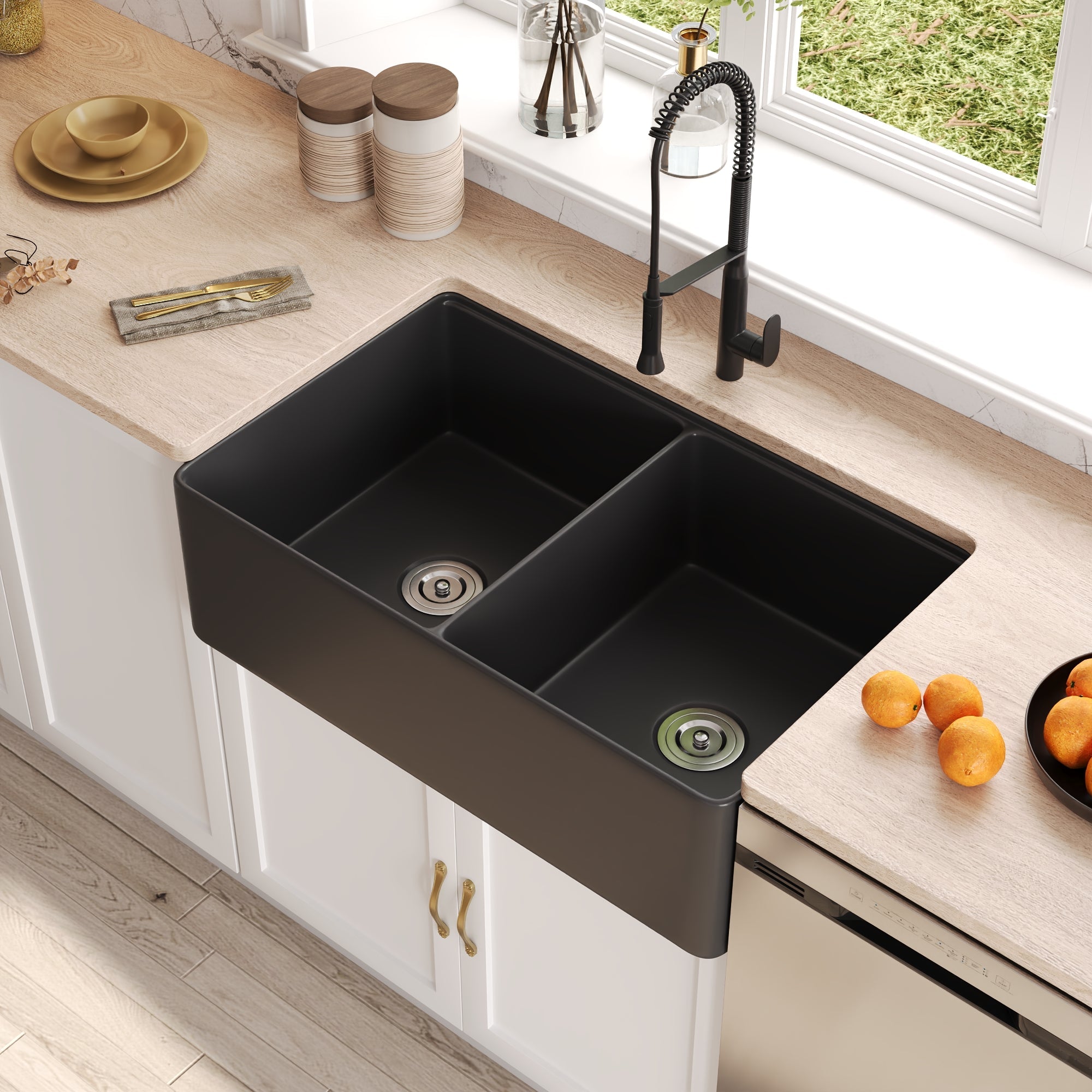 DeerValley DV 1K0068 33 L X 20 W Double Basin Workstation Farmhouse Kitchen Sink With Sink Grid Cutting Board And Dish Drying Rack