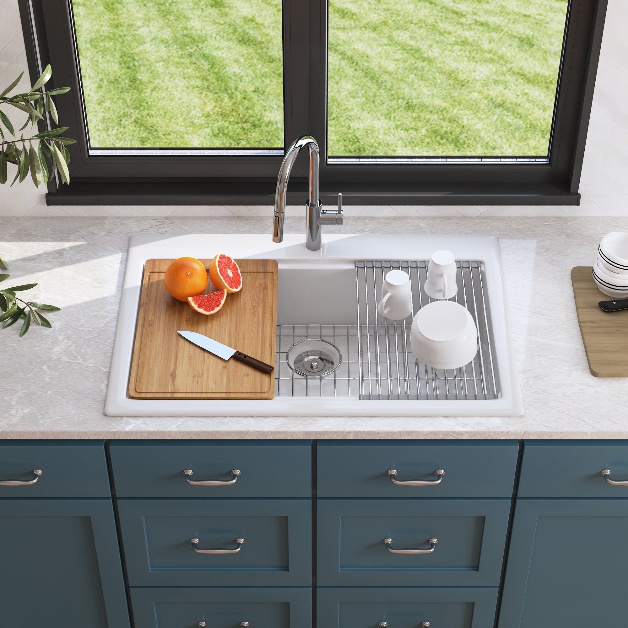 32.68"L X 21.85" W Rectangular Workstation Farmhouse Kitchen Sink, Smooth Surface