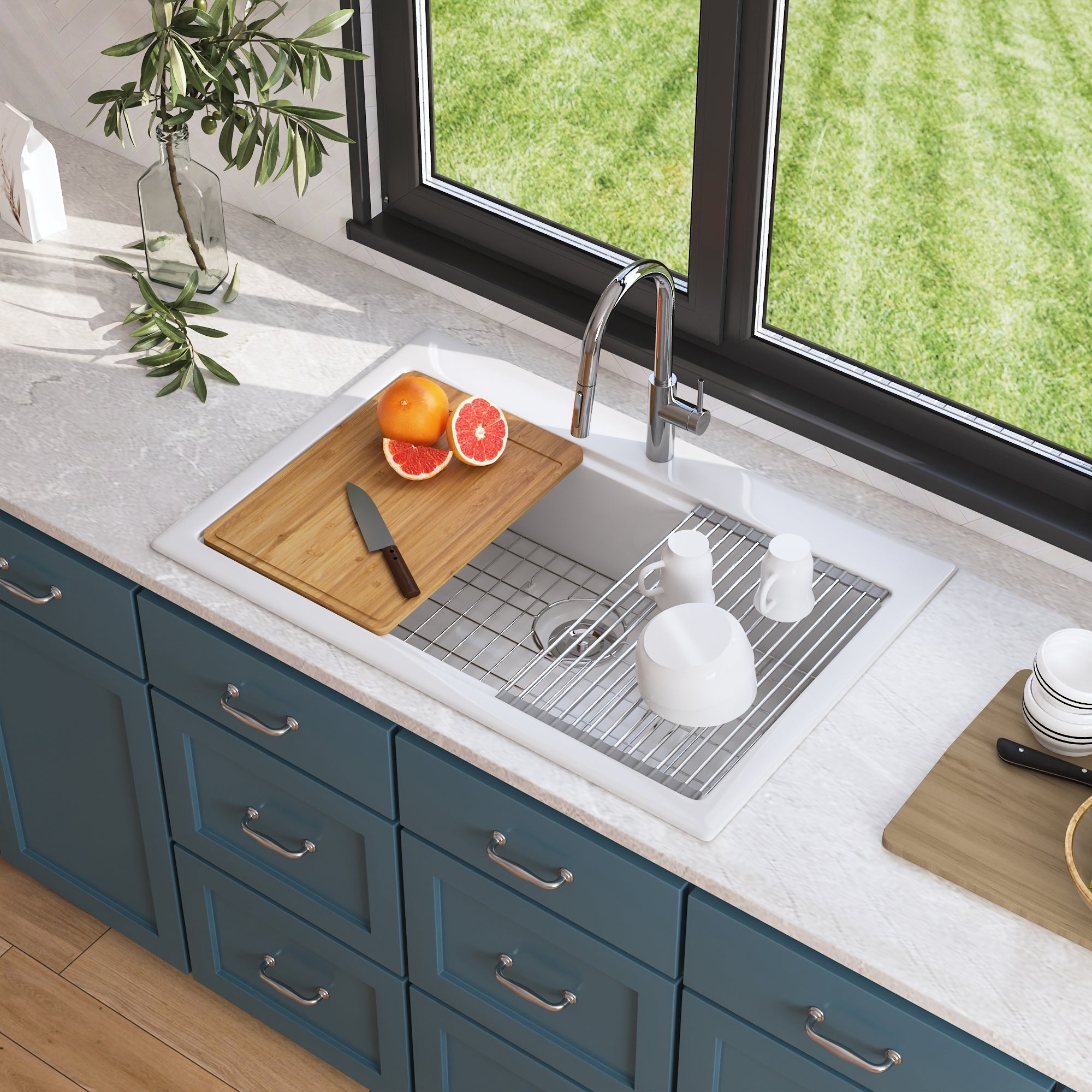 32.68"L X 21.85" W Rectangular Workstation Farmhouse Kitchen Sink, Smooth Surface