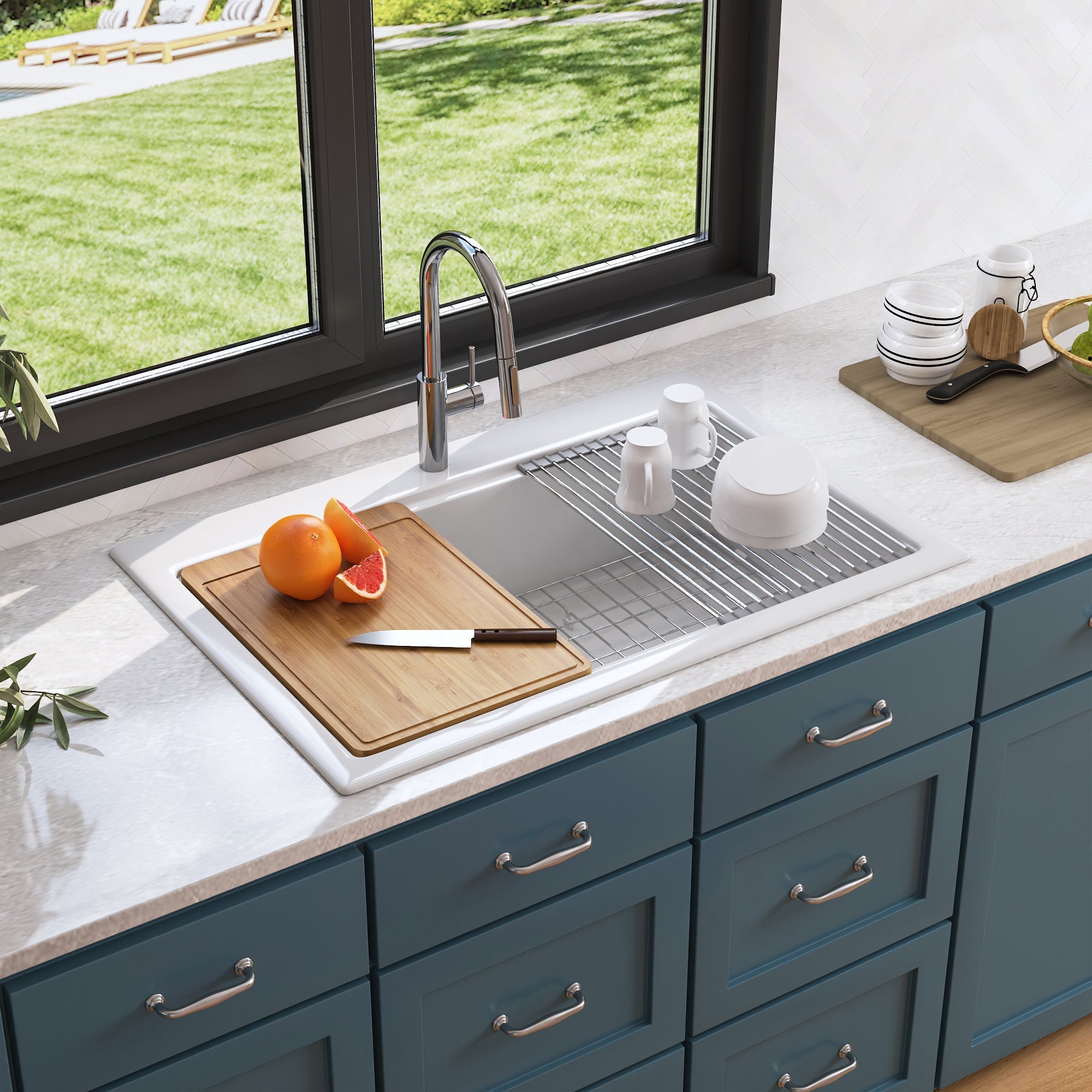 32.68"L X 21.85" W Rectangular Workstation Farmhouse Kitchen Sink, Smooth Surface