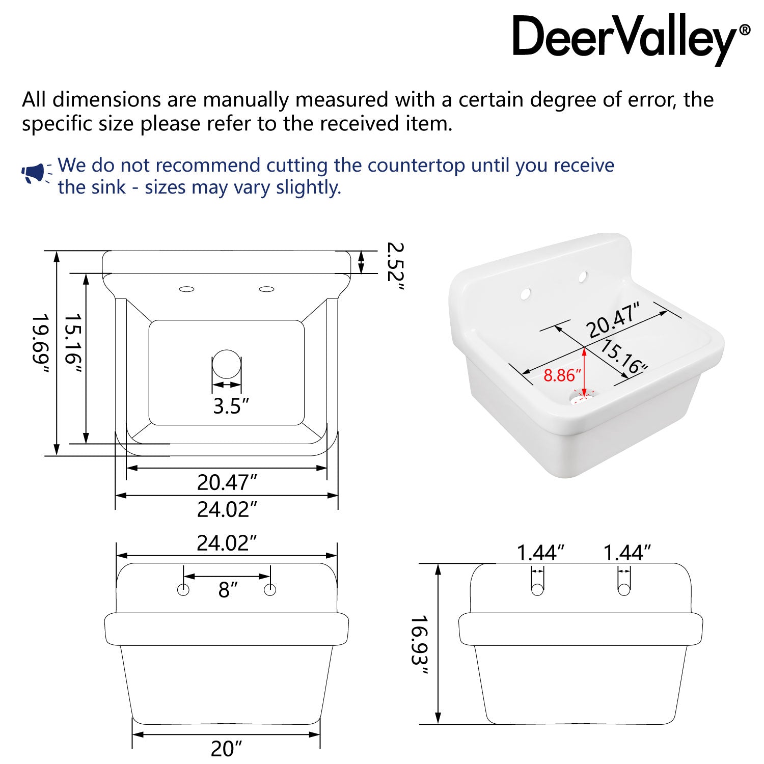 24" L x 19" W Rectangular Laundry Sink Utility Kitchen Sink, Wall-Mount With Multiple Sizes