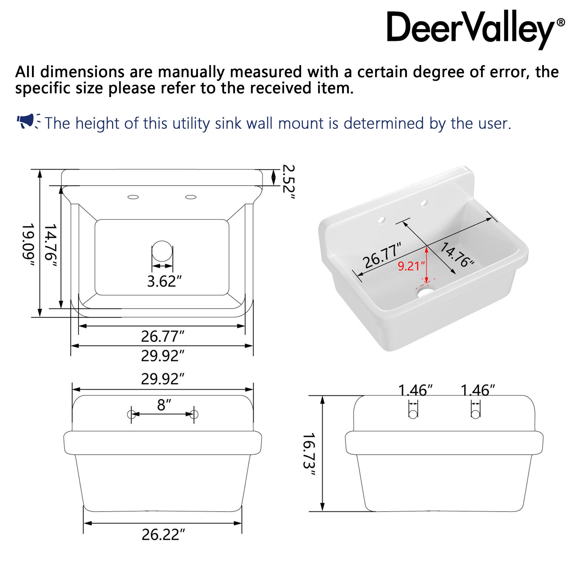 24" L x 19" W Rectangular Laundry Sink Utility Kitchen Sink, Wall-Mount With Multiple Sizes