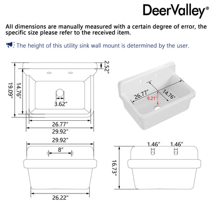 24" L x 19" W Rectangular Laundry Sink Utility Kitchen Sink, Wall-Mount With Multiple Sizes