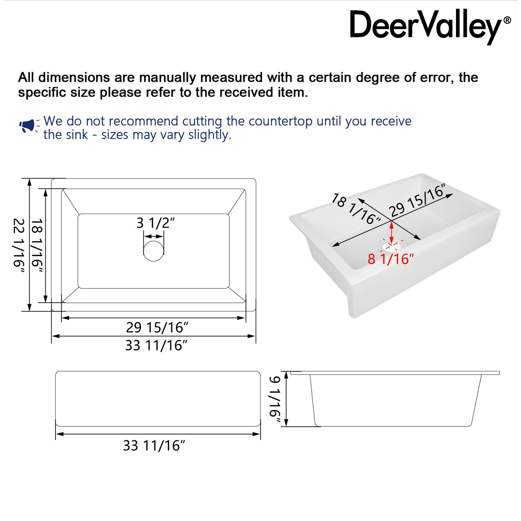 32.68"L X 21.85" W Rectangular Workstation Farmhouse Kitchen Sink, Smooth Surface