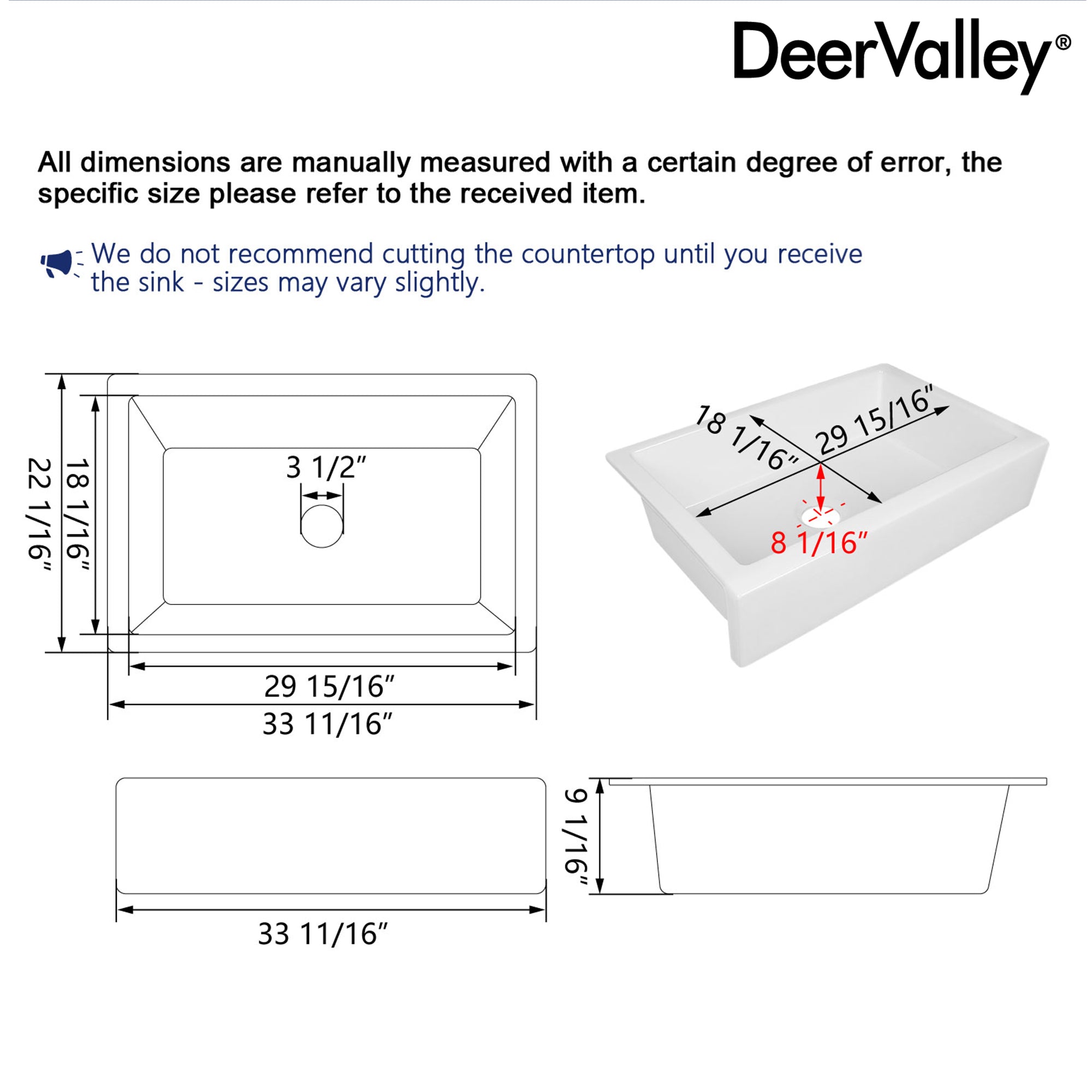 33.66"L X 22.05" Rectangular Farmhouse Kitchen Sink, Durability