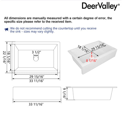 DeerValley DV-1K0139 Farmhouse Kitchen Sink – Durable & Easy Drain with Large Basin