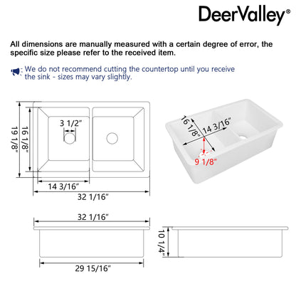 GLEN 31.89" L x 19.09" Rectangle Undermount Kitchen Sink, Large Capacity With Multiple Types