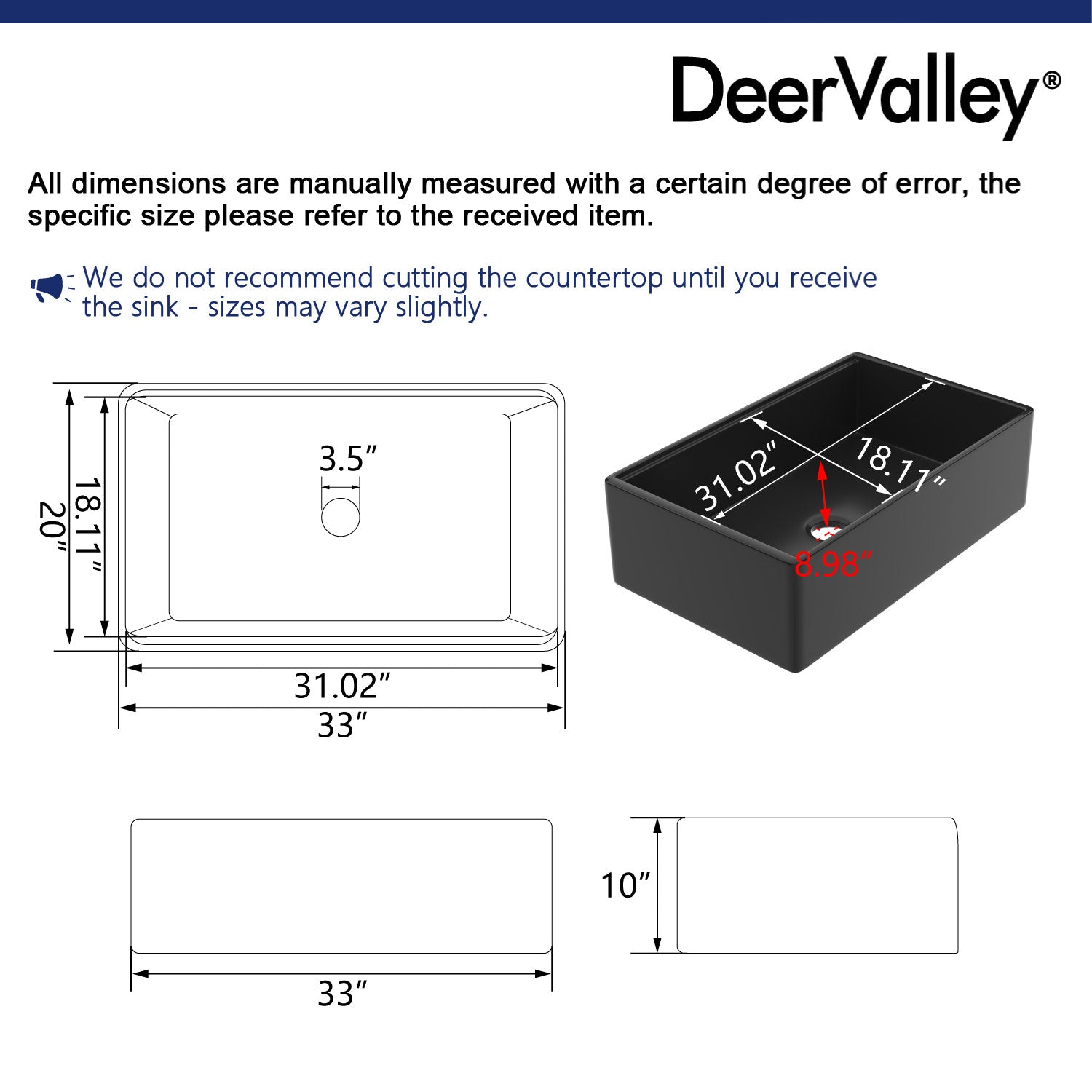 33"x20" Rectangular Workstation Kitchen Sink, Single Bowl With Multiple Colors