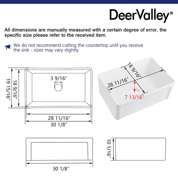 DeerValley DV-1K016 Harvest 30" L x 20" W Farmhouse Ceramic Large Capacity Kitchen Sink with Apron Front Designed