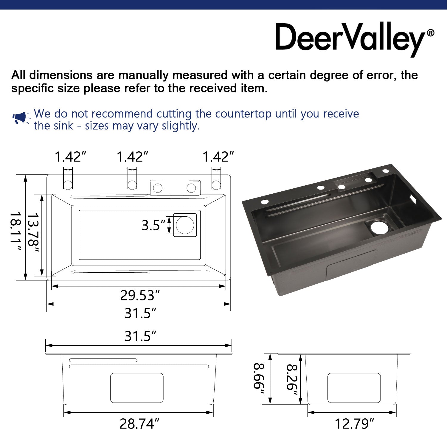 29.5" x 18" Rectangular Stainless Steel Kitchen Sink, Multifunction with Multiple Sizes