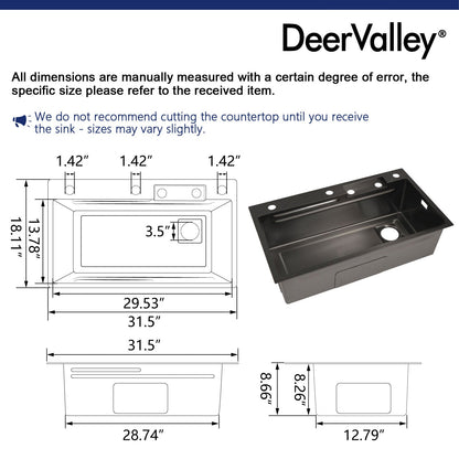 29.5" x 18" Rectangular Stainless Steel Kitchen Sink, Multifunction with Multiple Sizes