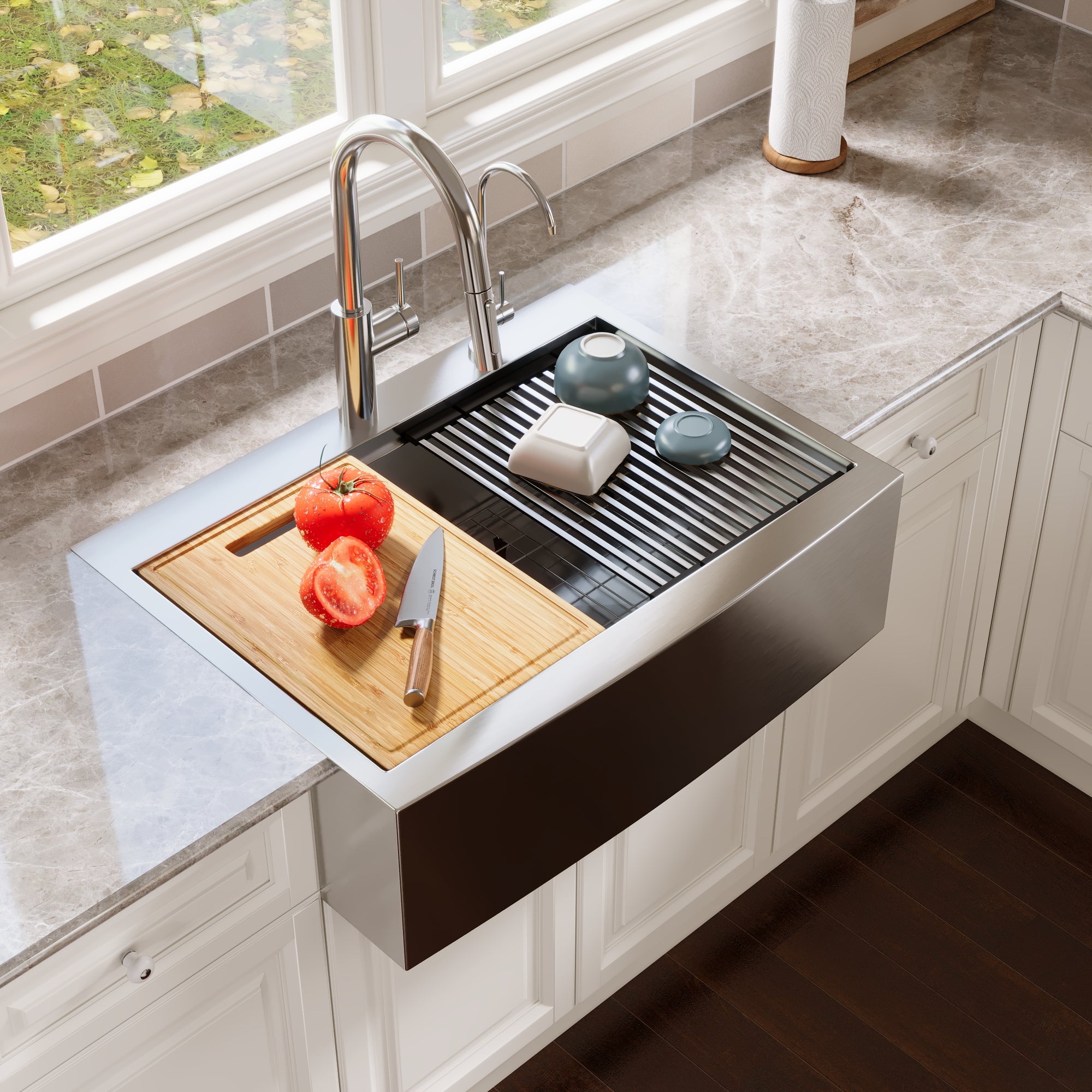 30" Rectangular Workstation Farmhouse Kitchen Sink, Stainless Steel Single Bowl With Multiple Sizes