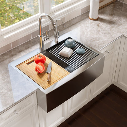 30" Rectangular Workstation Farmhouse Kitchen Sink, Stainless Steel Single Bowl With Multiple Sizes