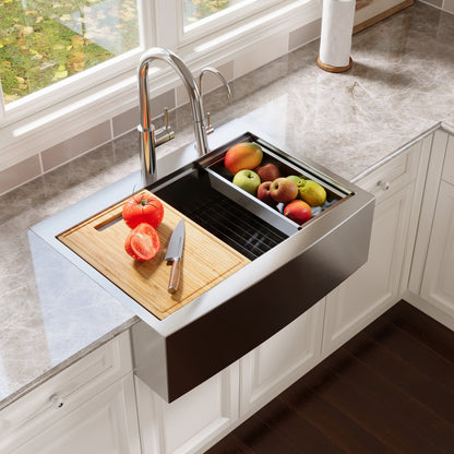 30" Rectangular Workstation Farmhouse Kitchen Sink, Stainless Steel Single Bowl With Multiple Sizes