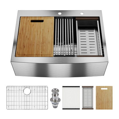 30" Rectangular Workstation Farmhouse Kitchen Sink, Stainless Steel Single Bowl With Multiple Sizes