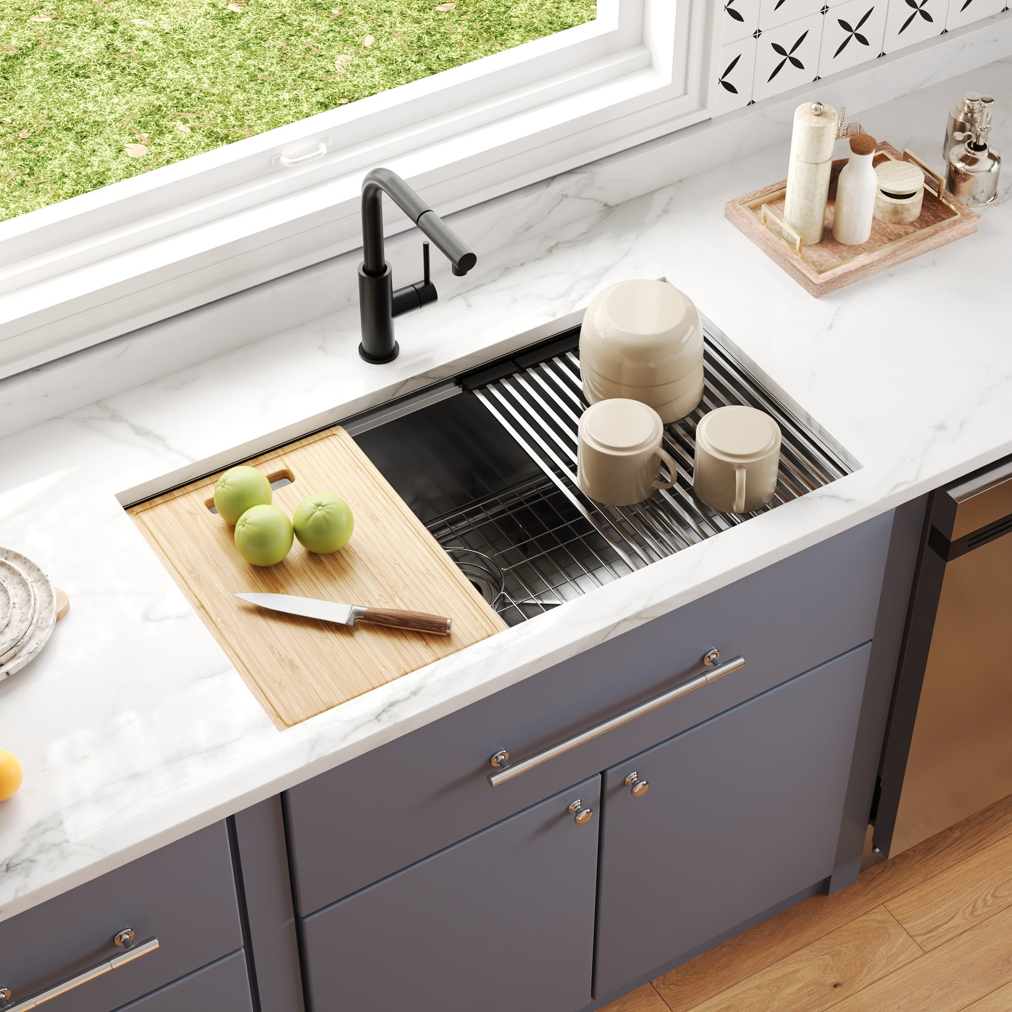 33" Rectangular Workstation Undermount Kitchen Sink, Stainless Steel Single Bowl