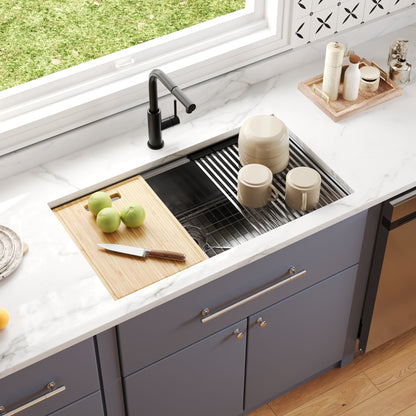 33" Rectangular Workstation Undermount Kitchen Sink, Stainless Steel Single Bowl