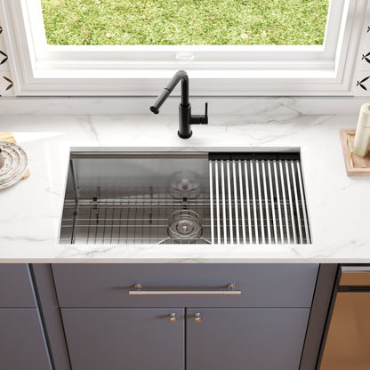 33" Rectangular Workstation Undermount Kitchen Sink, Stainless Steel Single Bowl