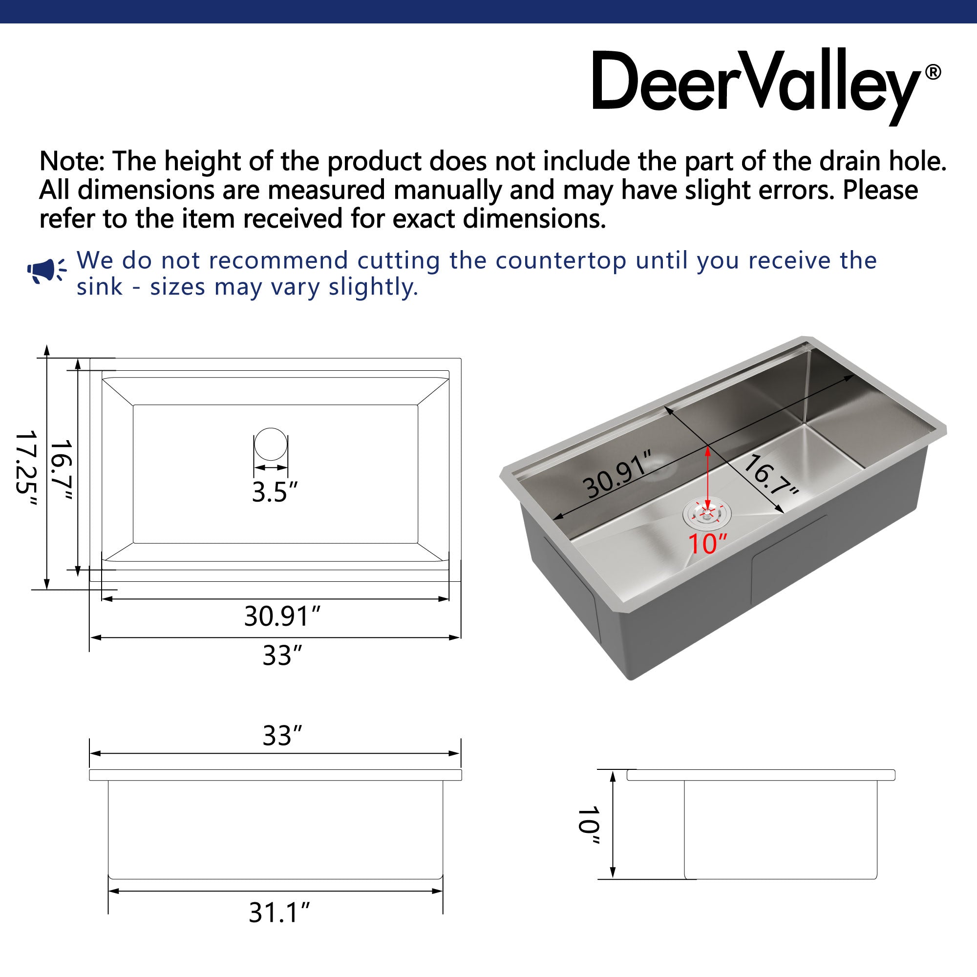 33" Rectangular Workstation Undermount Kitchen Sink, Stainless Steel Single Bowl