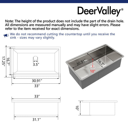 33" Rectangular Workstation Undermount Kitchen Sink, Stainless Steel Single Bowl