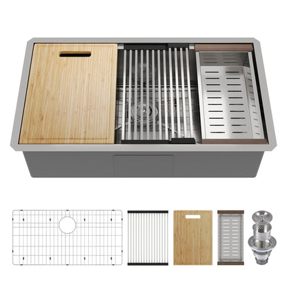 33" Rectangular Workstation Undermount Kitchen Sink, Stainless Steel Single Bowl