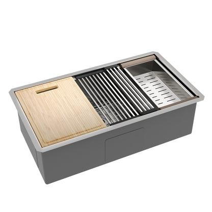 33" Rectangular Workstation Undermount Kitchen Sink, Stainless Steel Single Bowl