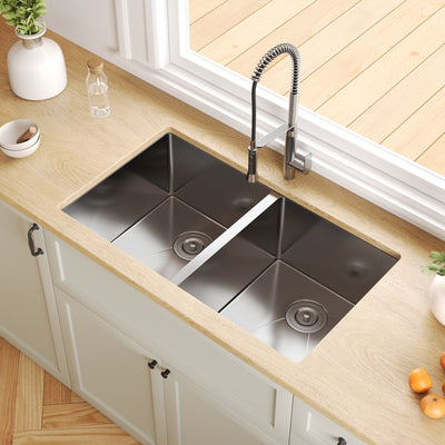 33" Rectangular Undermount Kitchen Sink, Stainless Steel Double Bowl