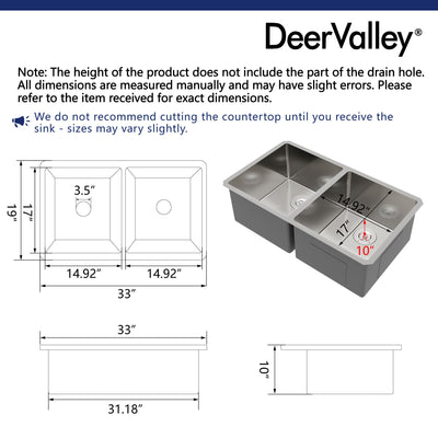 33" Rectangular Undermount Kitchen Sink, Stainless Steel Double Bowl