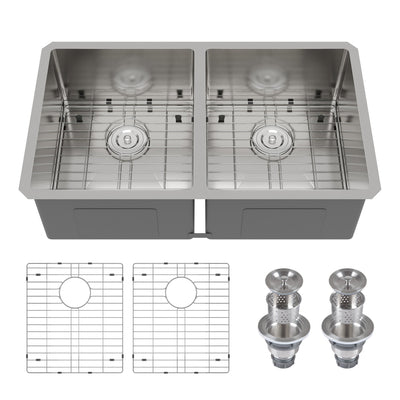 33" Rectangular Undermount Kitchen Sink, Stainless Steel Double Bowl