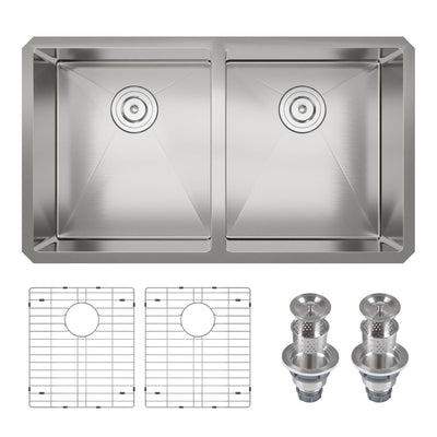 33" Rectangular Undermount Kitchen Sink, Stainless Steel Double Bowl
