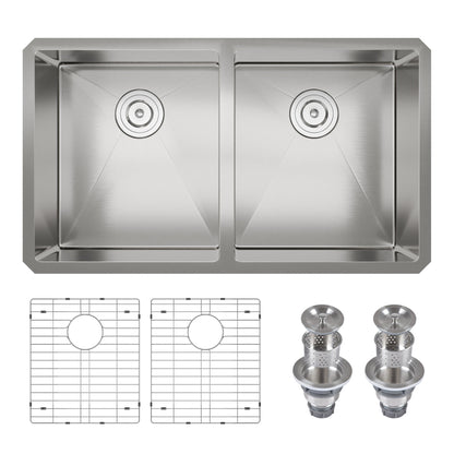 33" Rectangular Undermount Kitchen Sink, Stainless Steel Double Bowl