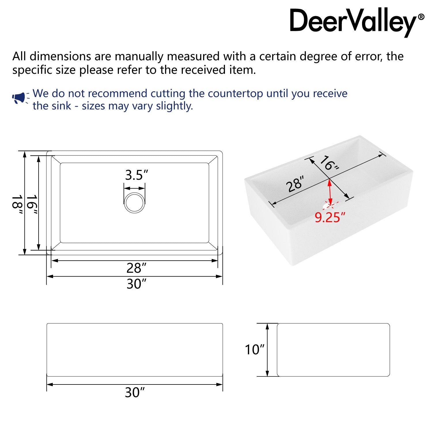 30" L x 18" W Rectangular Farmhouse Kitchen Sink, Natural Material With Multiple Colors