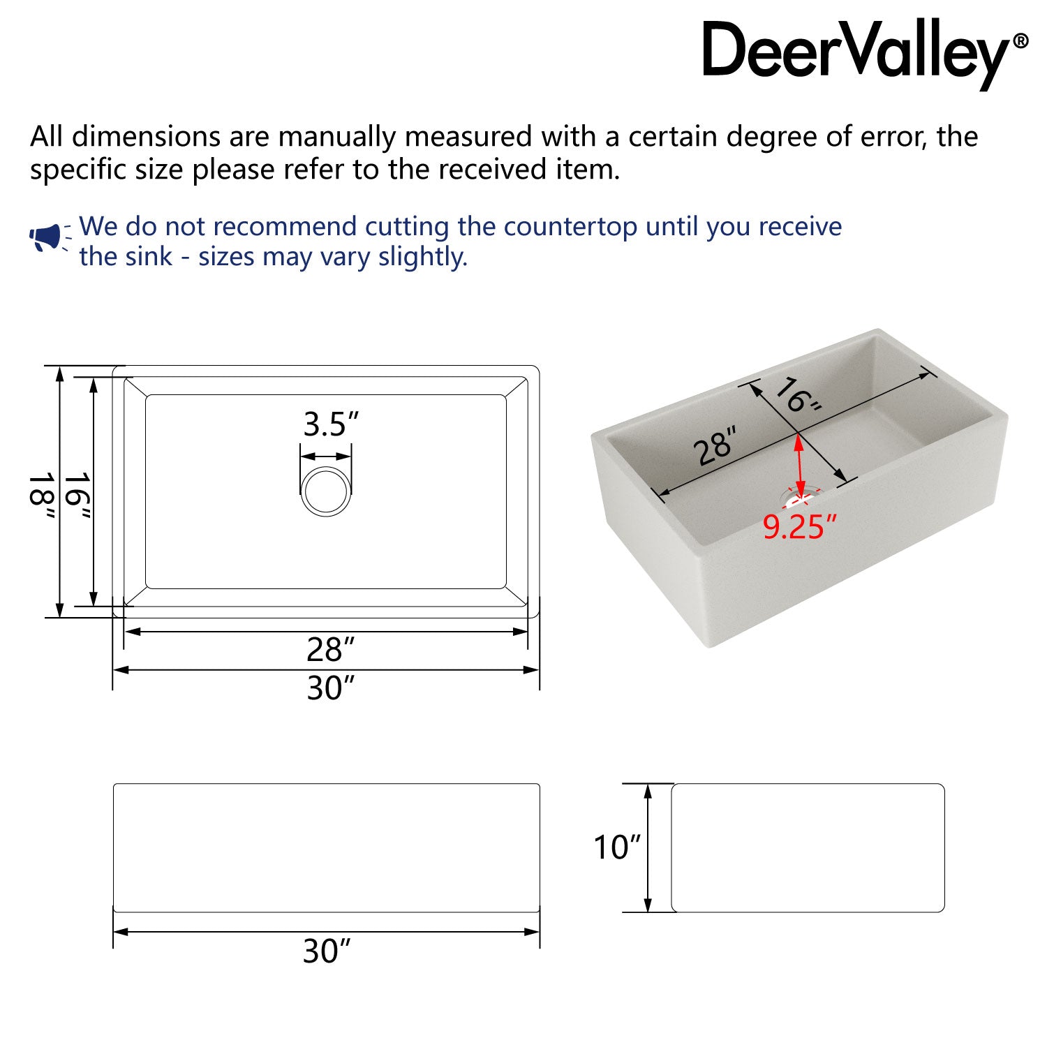 30" L x 18" W Rectangular Farmhouse Kitchen Sink, Natural Material With Multiple Colors