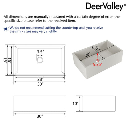 30" L x 18" W Rectangular Farmhouse Kitchen Sink, Natural Material With Multiple Colors