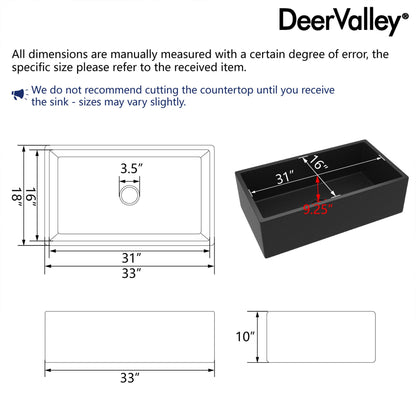 33" L x 18" W Rectangular Farmhouse Kitchen Sink, Natural Material With Multiple Colors