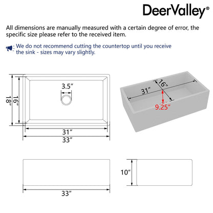 33" L x 18" W Rectangular Farmhouse Kitchen Sink, Natural Material With Multiple Colors