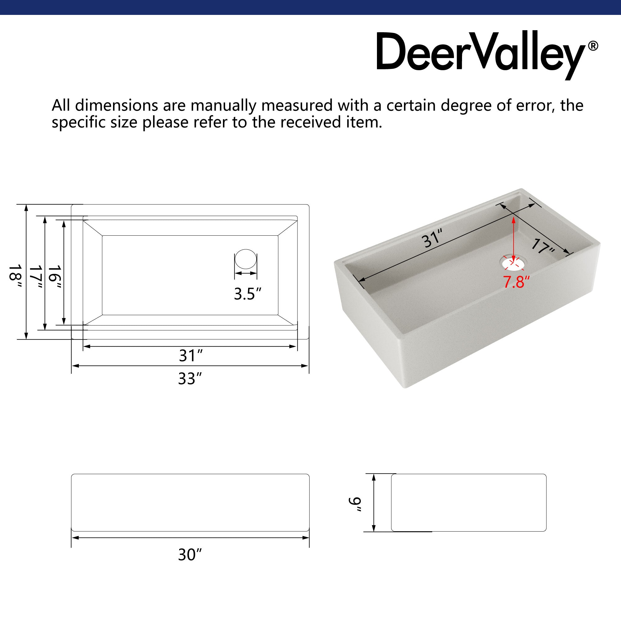33" L x 18" W Rectangular Workstation Undermount Kitchen Sink, Natural Material With Multiple Colors