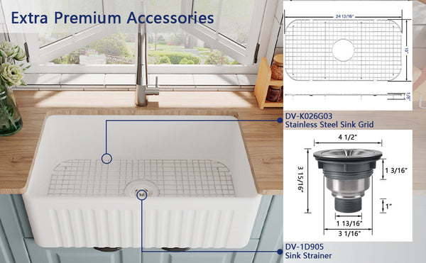 DeerValley DV-1K026 Harvest 30" L x 18" W White Ceramic Single Basin Kitchen Sink with Reversible Front Apron