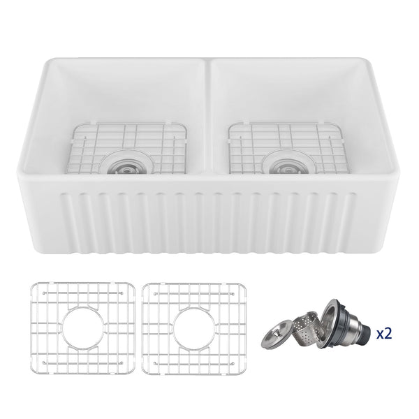 DeerValley Eclipse 33" L X 18" W Dual Basin White Ceramic Farmhouse Kitchen Sink DV-1K028/0080