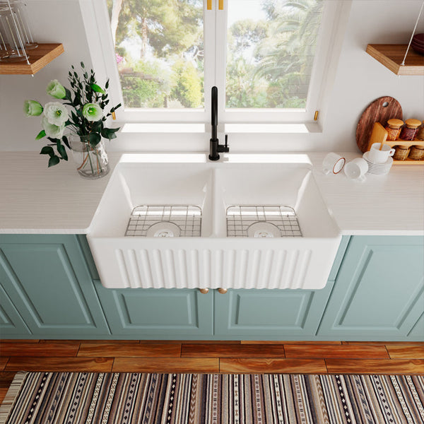DeerValley Eclipse 33" L X 18" W Dual Basin White Ceramic Farmhouse Kitchen Sink DV-1K028/0080